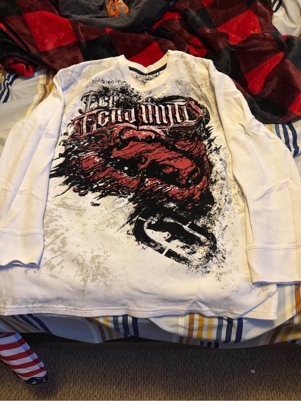 Ecko Unlimited White Long Sleeve Tee with Red & Black Graphic Skull